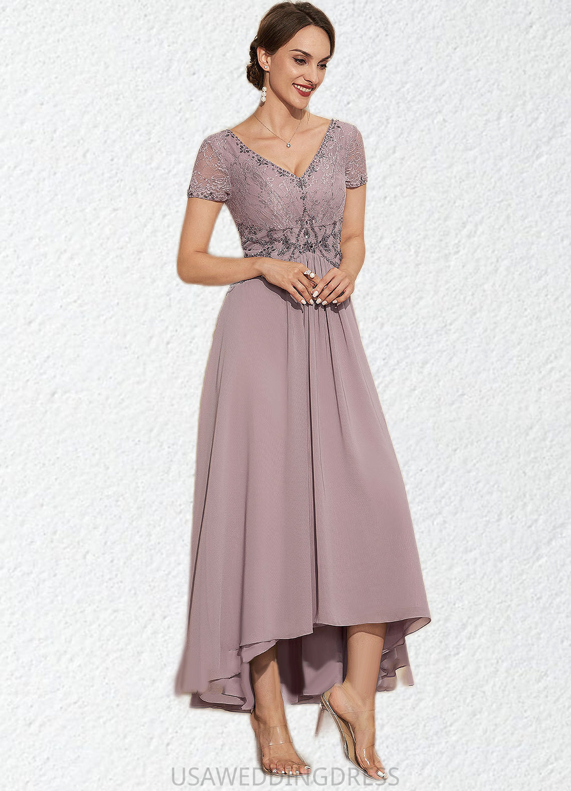 Allison A-Line V-neck Asymmetrical Chiffon Lace Mother of the Bride Dress With Beading DS126P0014799