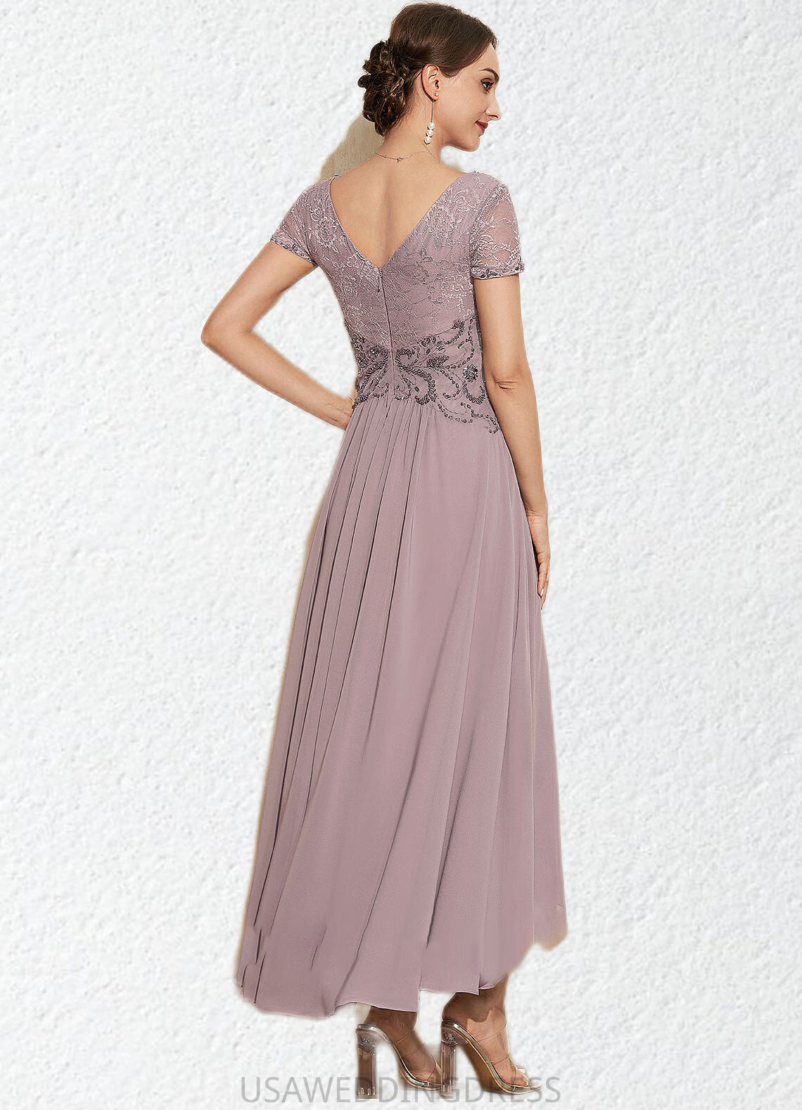 Allison A-Line V-neck Asymmetrical Chiffon Lace Mother of the Bride Dress With Beading DS126P0014799