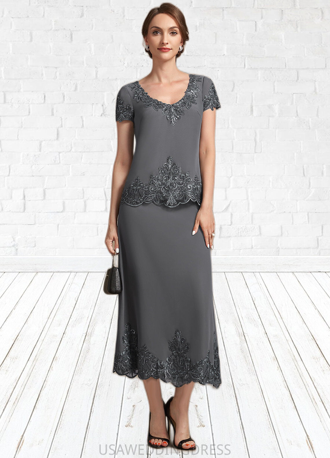 Aurora A-Line Scoop Neck Tea-Length Chiffon Lace Mother of the Bride Dress With Sequins DS126P0014800