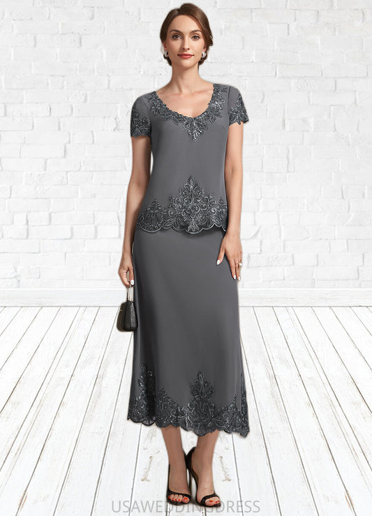 Aurora A-Line Scoop Neck Tea-Length Chiffon Lace Mother of the Bride Dress With Sequins DS126P0014800