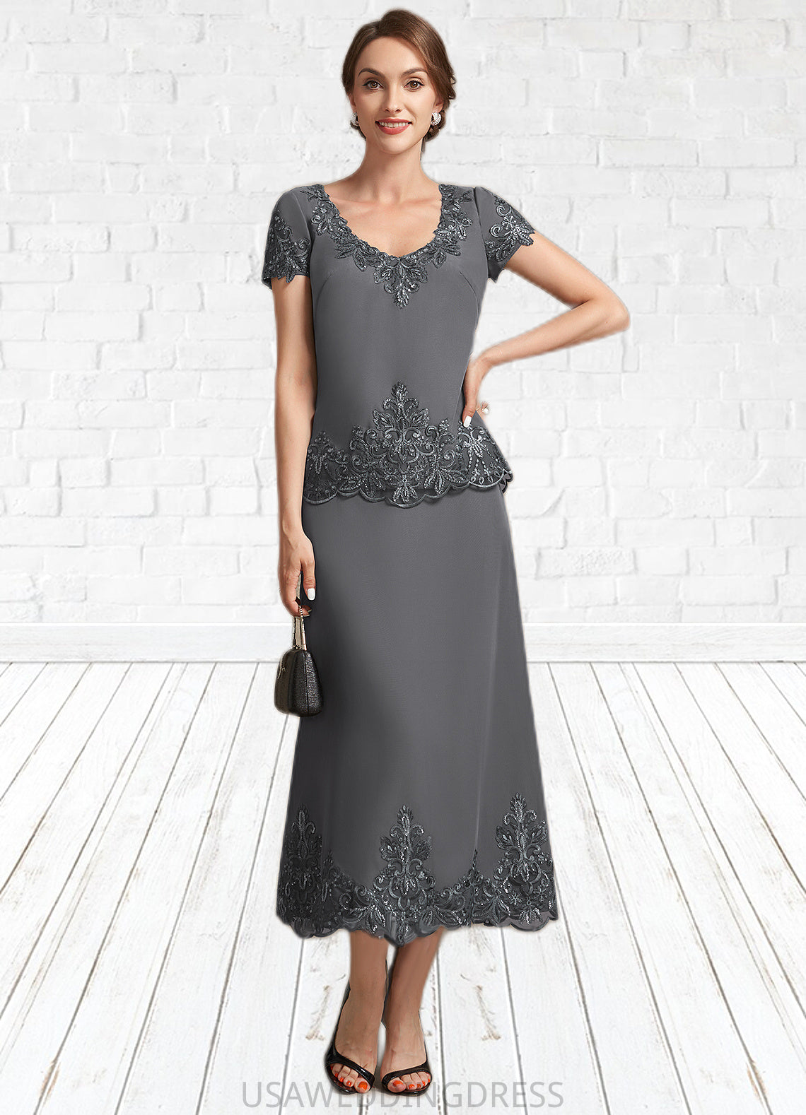 Aurora A-Line Scoop Neck Tea-Length Chiffon Lace Mother of the Bride Dress With Sequins DS126P0014800