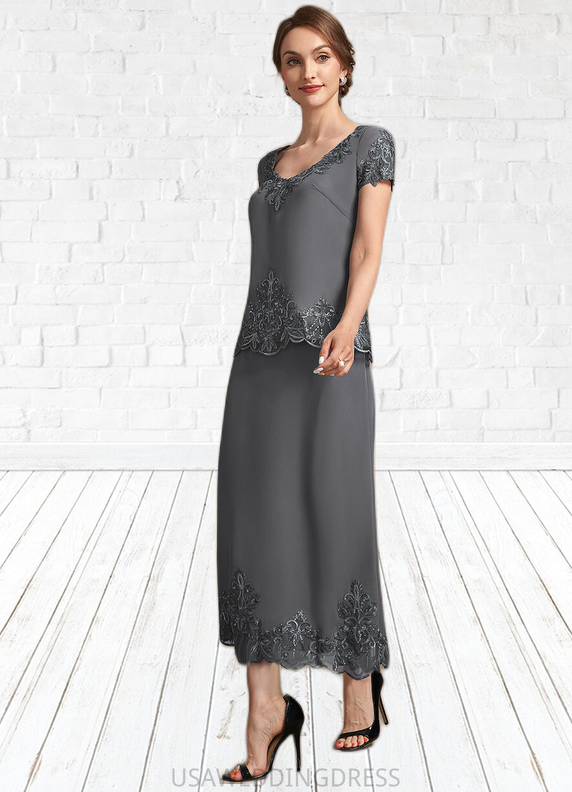 Aurora A-Line Scoop Neck Tea-Length Chiffon Lace Mother of the Bride Dress With Sequins DS126P0014800