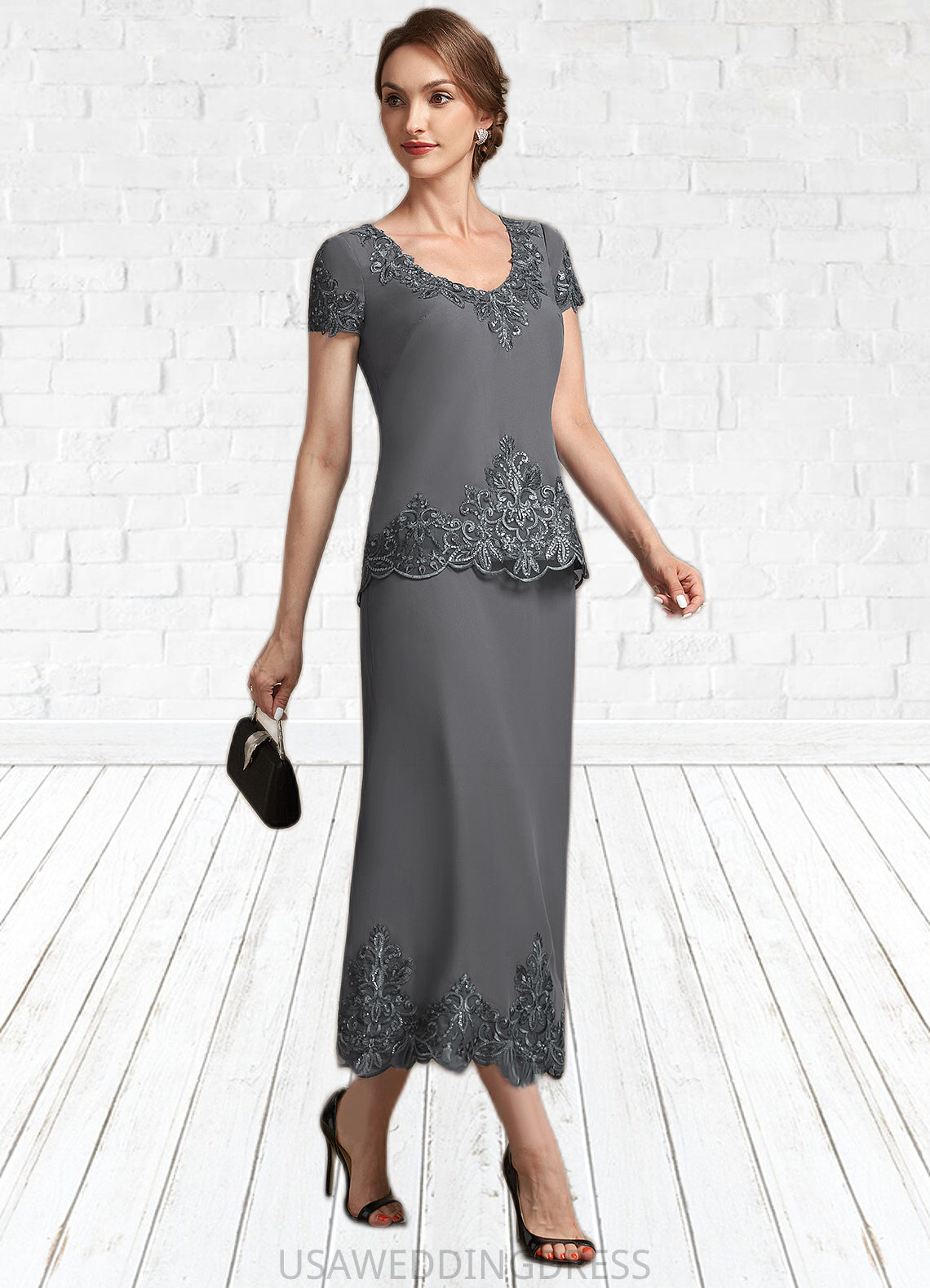 Aurora A-Line Scoop Neck Tea-Length Chiffon Lace Mother of the Bride Dress With Sequins DS126P0014800