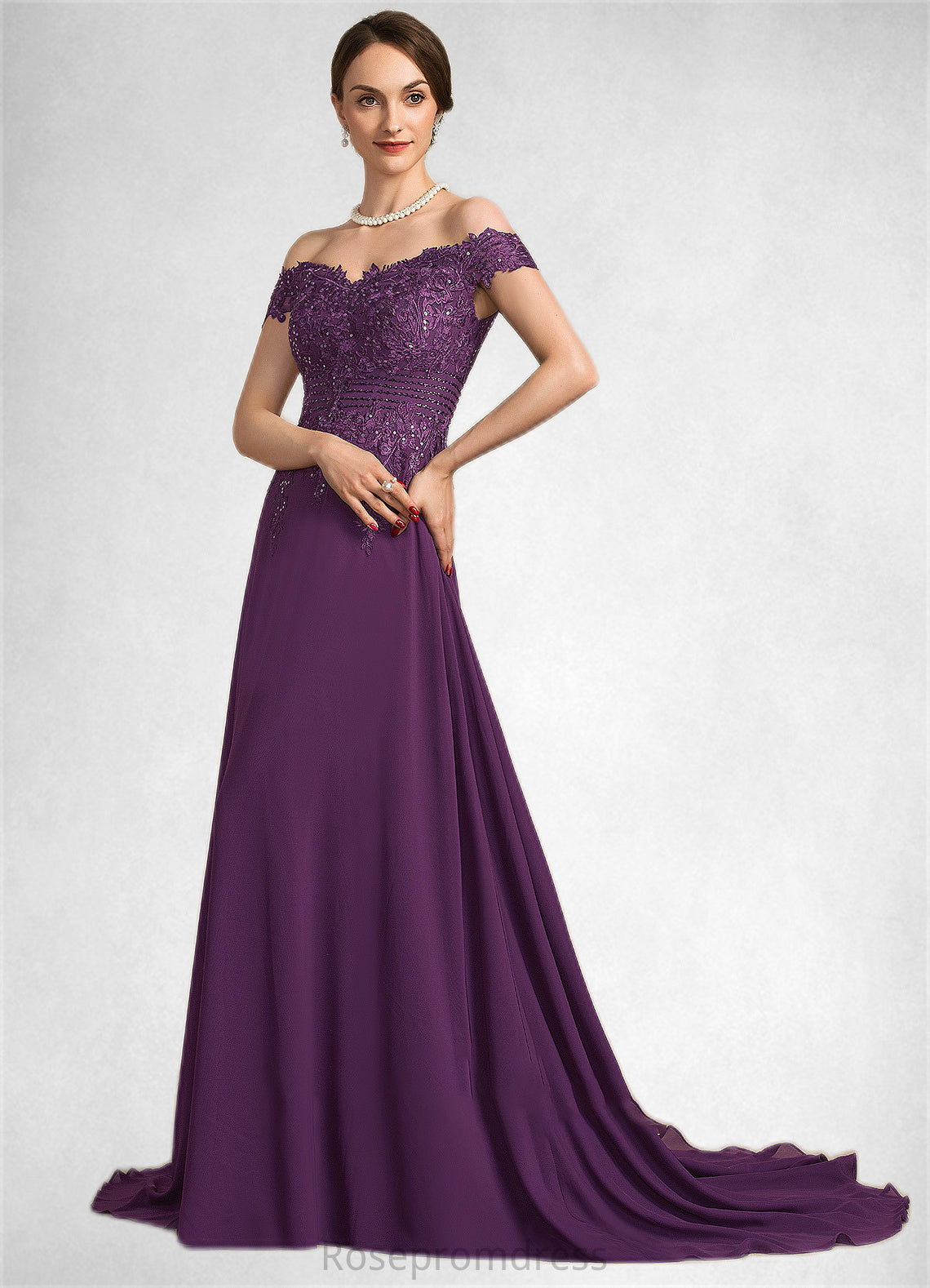 Olivia A-Line Off-the-Shoulder Sweep Train Chiffon Lace Mother of the Bride Dress With Beading Sequins SRS126P0014801