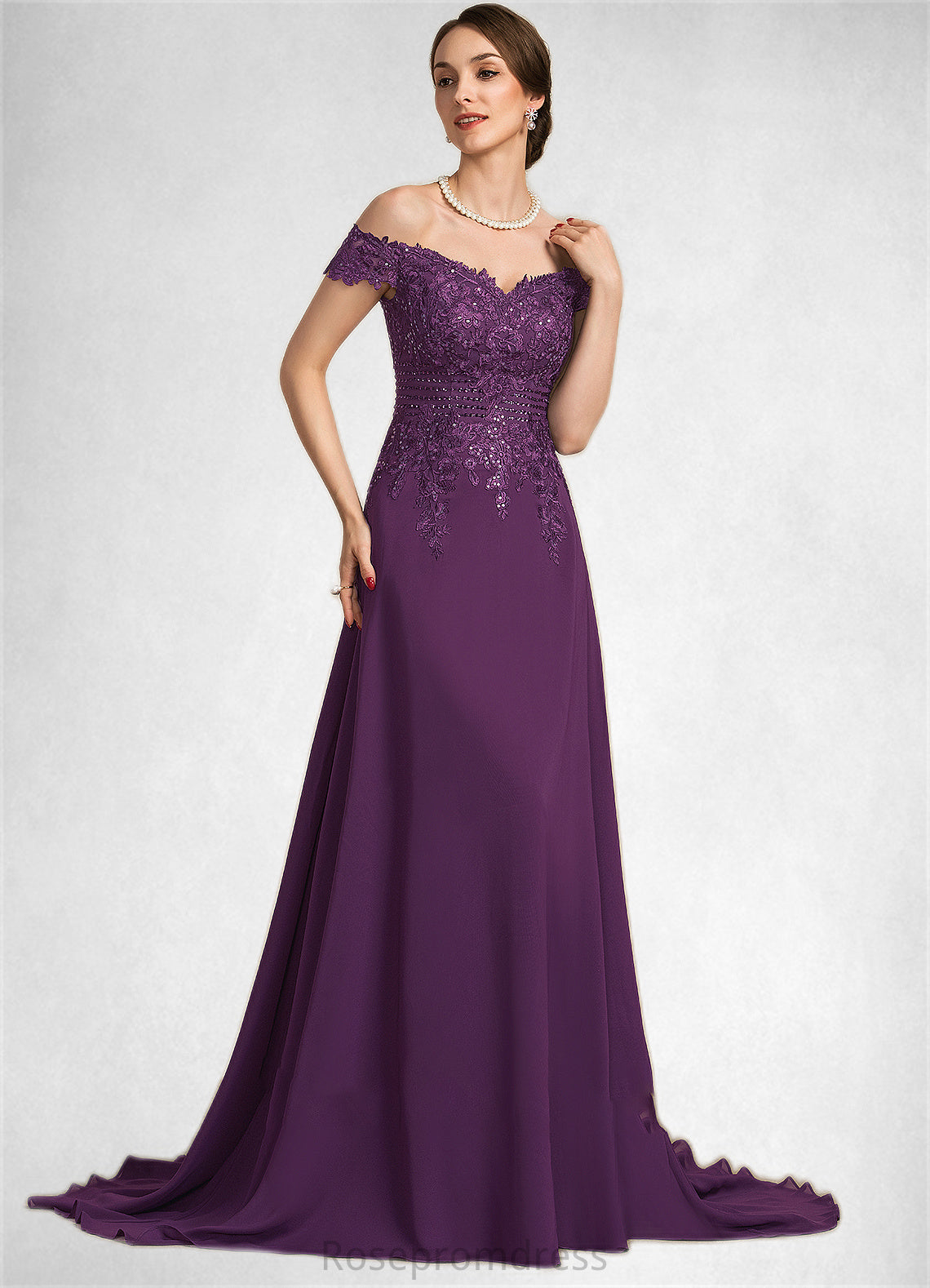 Olivia A-Line Off-the-Shoulder Sweep Train Chiffon Lace Mother of the Bride Dress With Beading Sequins SRS126P0014801