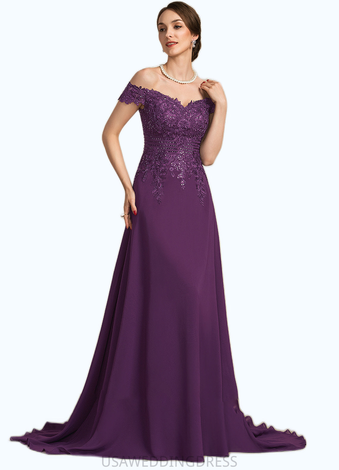Cali A-Line Off-the-Shoulder Sweep Train Chiffon Lace Mother of the Bride Dress With Beading Sequins DS126P0014801