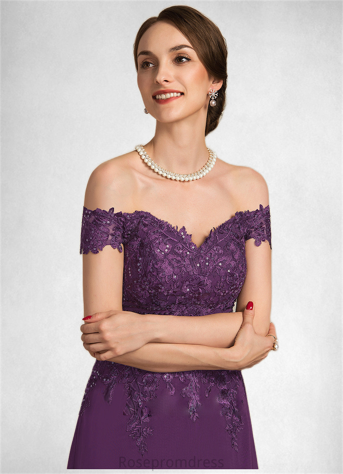 Olivia A-Line Off-the-Shoulder Sweep Train Chiffon Lace Mother of the Bride Dress With Beading Sequins SRS126P0014801