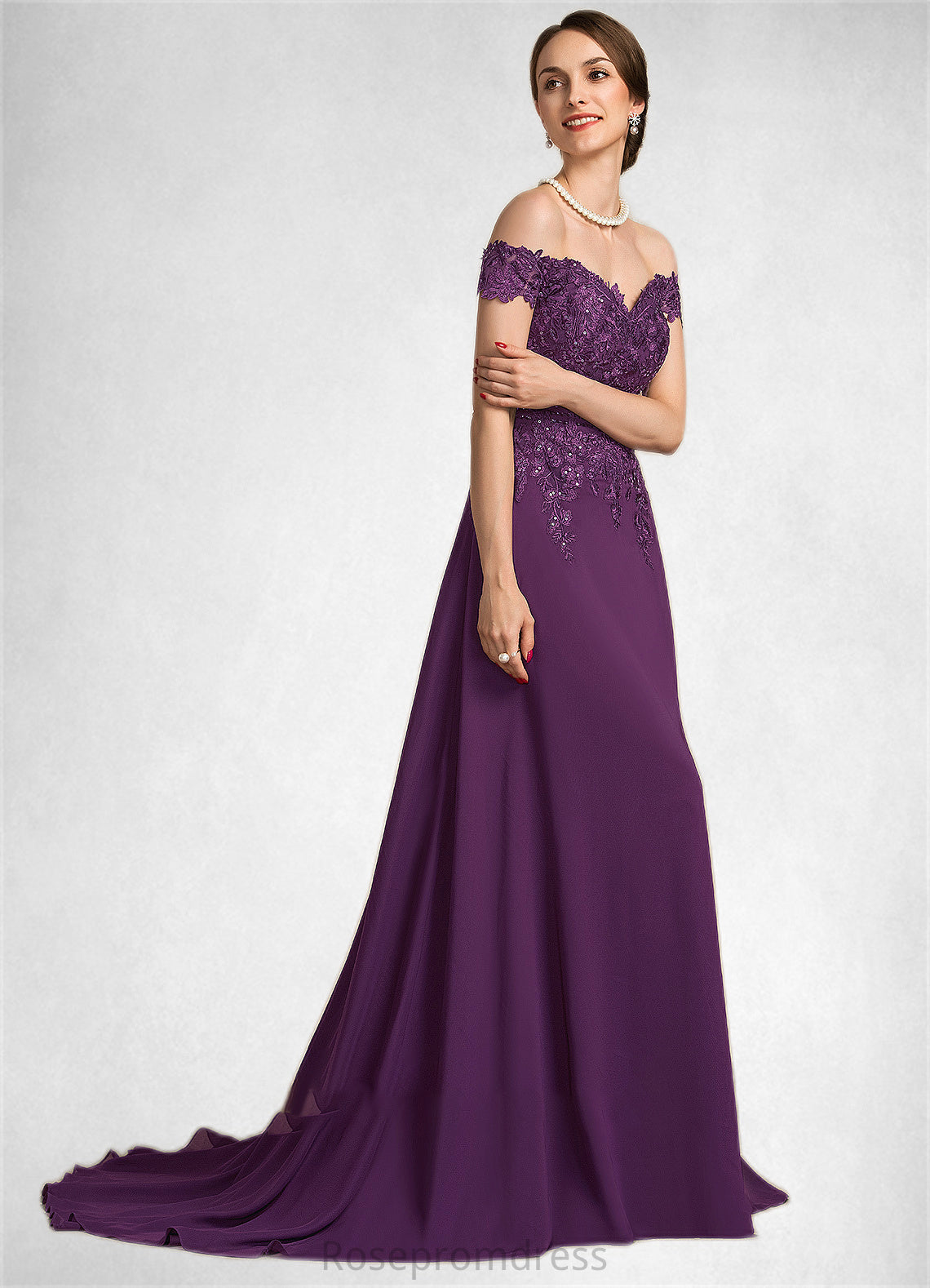 Olivia A-Line Off-the-Shoulder Sweep Train Chiffon Lace Mother of the Bride Dress With Beading Sequins SRS126P0014801