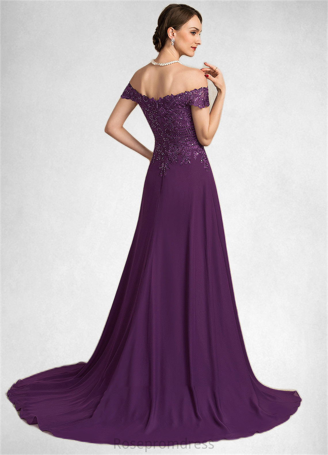 Olivia A-Line Off-the-Shoulder Sweep Train Chiffon Lace Mother of the Bride Dress With Beading Sequins SRS126P0014801