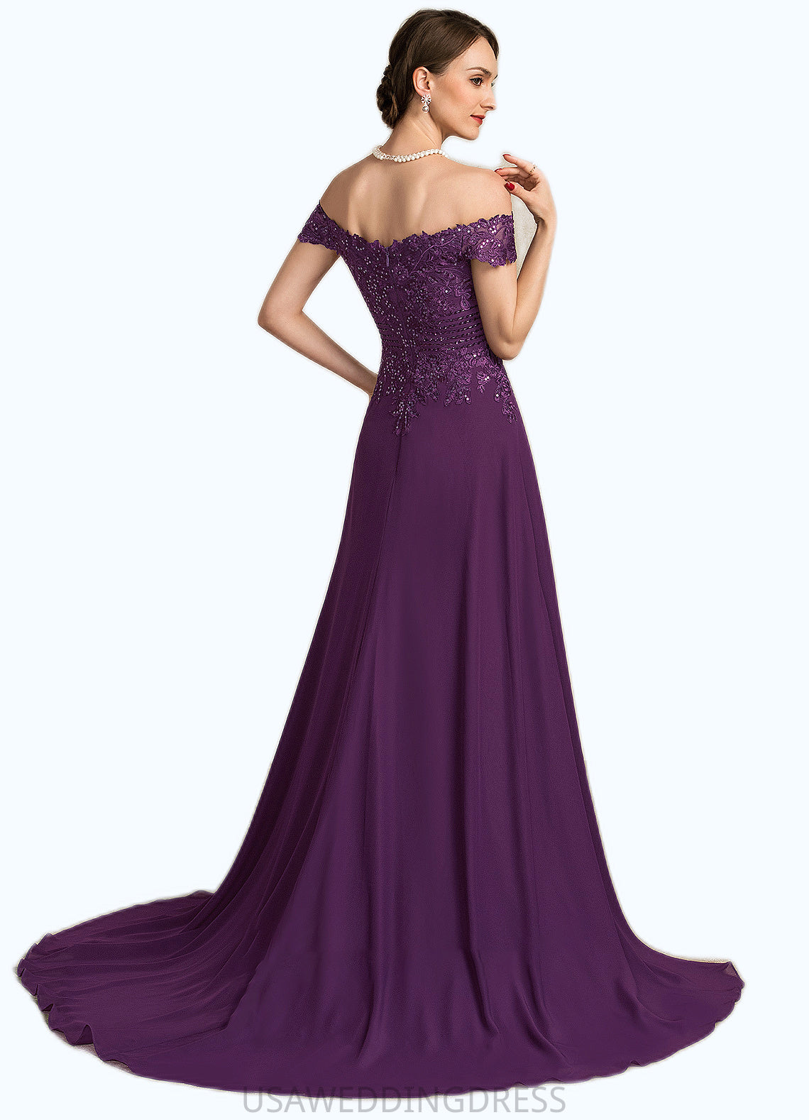 Cali A-Line Off-the-Shoulder Sweep Train Chiffon Lace Mother of the Bride Dress With Beading Sequins DS126P0014801