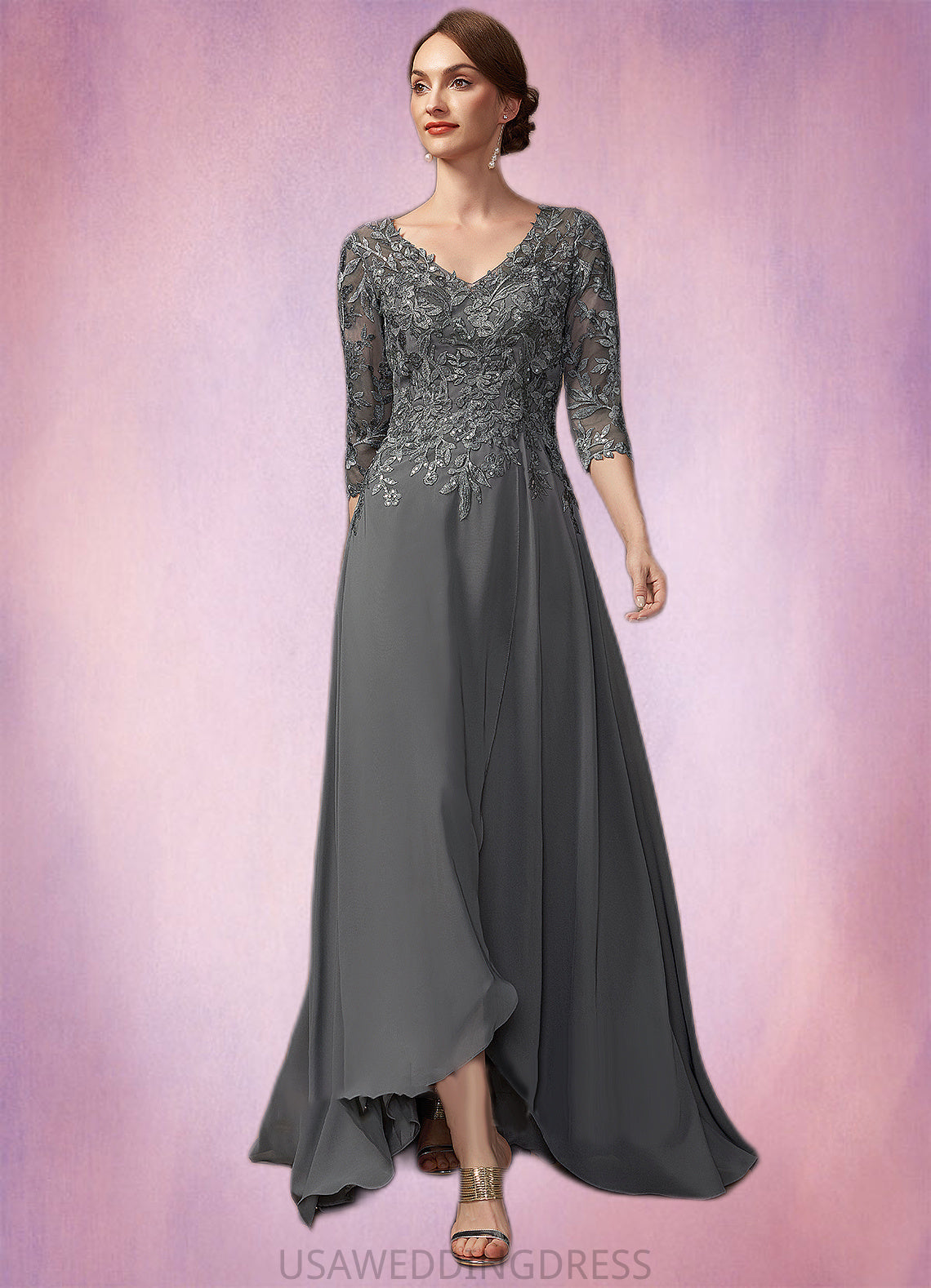 Selah A-Line V-neck Asymmetrical Chiffon Lace Mother of the Bride Dress With Sequins DS126P0014803