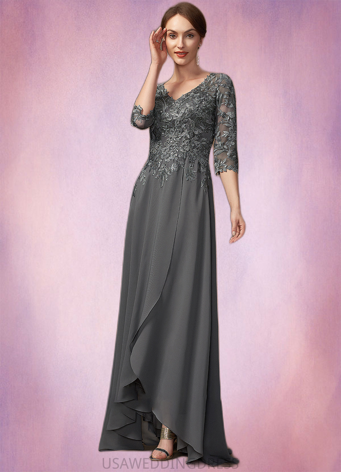 Selah A-Line V-neck Asymmetrical Chiffon Lace Mother of the Bride Dress With Sequins DS126P0014803