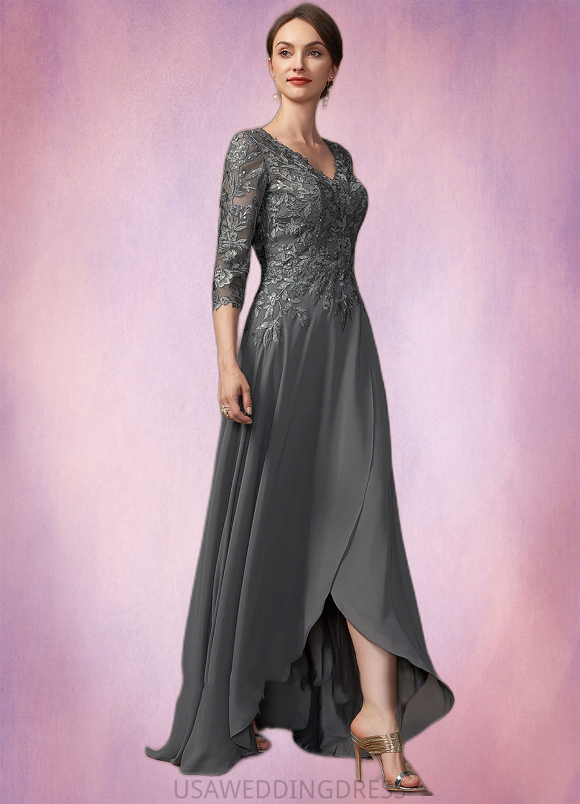 Selah A-Line V-neck Asymmetrical Chiffon Lace Mother of the Bride Dress With Sequins DS126P0014803