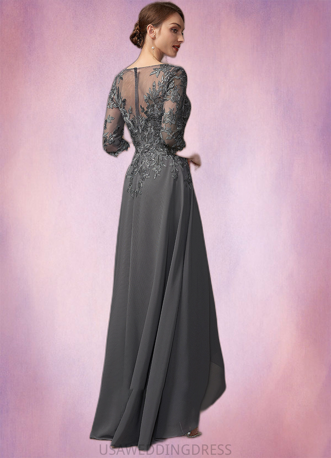 Selah A-Line V-neck Asymmetrical Chiffon Lace Mother of the Bride Dress With Sequins DS126P0014803