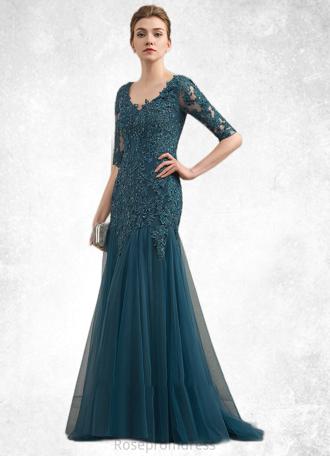 Denise Trumpet/Mermaid V-neck Sweep Train Tulle Lace Mother of the Bride Dress With Beading Sequins SRS126P0014804