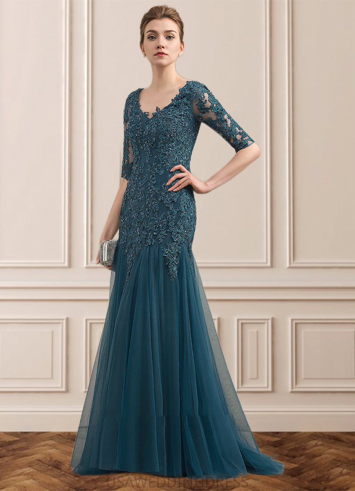 Camila Trumpet/Mermaid V-neck Sweep Train Tulle Lace Mother of the Bride Dress With Beading Sequins DS126P0014804