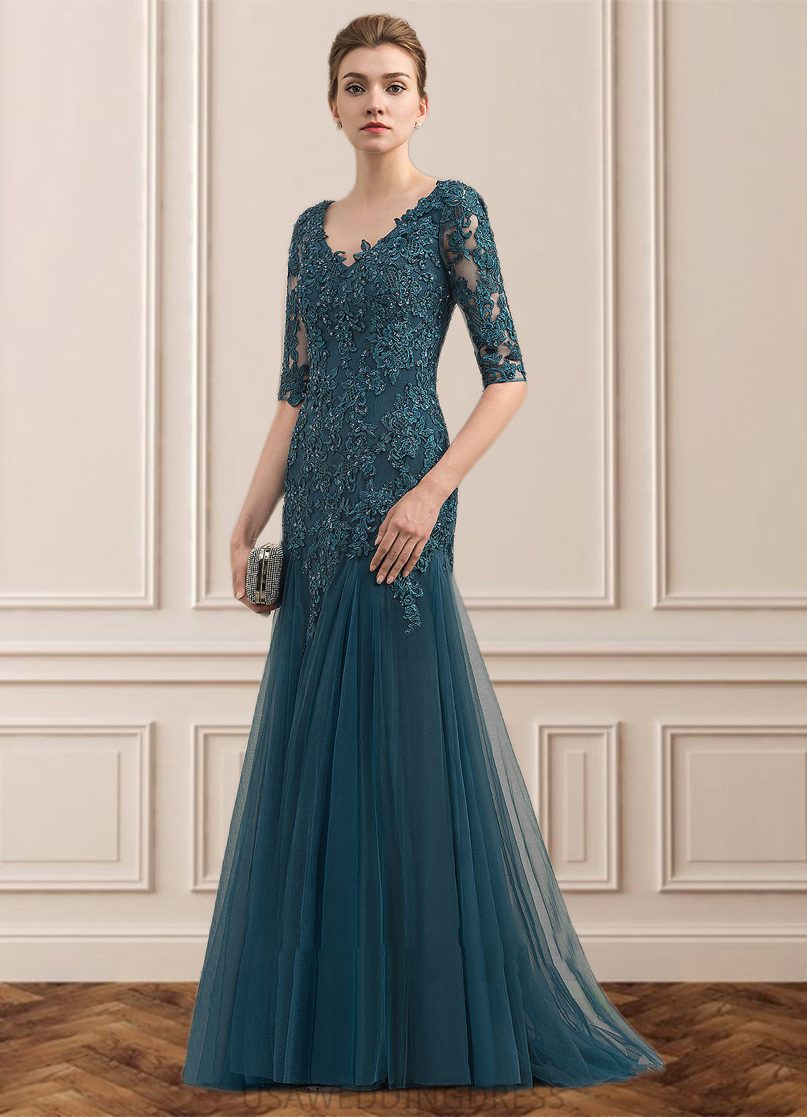 Camila Trumpet/Mermaid V-neck Sweep Train Tulle Lace Mother of the Bride Dress With Beading Sequins DS126P0014804