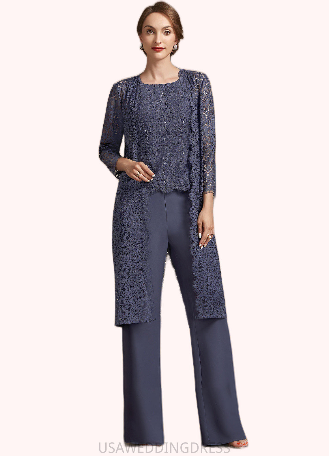 Leticia Jumpsuit/Pantsuit Scoop Neck Floor-Length Chiffon Lace Mother of the Bride Dress With Sequins DS126P0014805