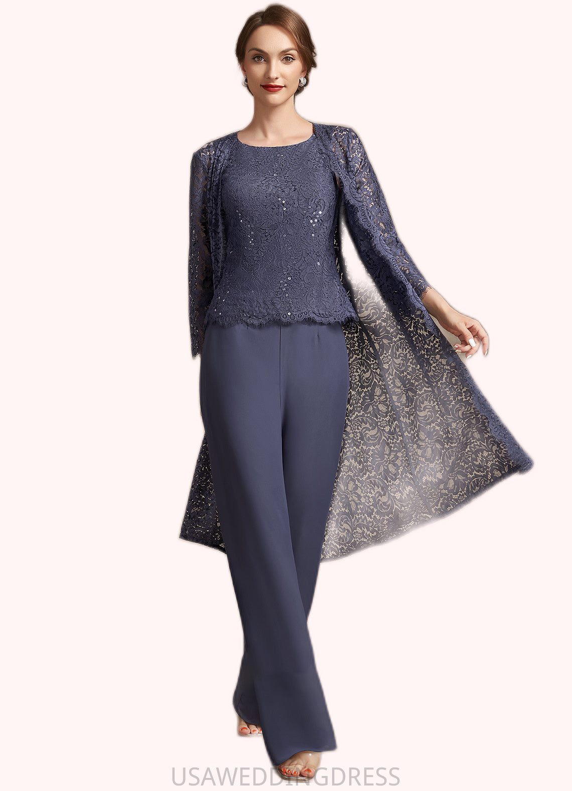 Leticia Jumpsuit/Pantsuit Scoop Neck Floor-Length Chiffon Lace Mother of the Bride Dress With Sequins DS126P0014805