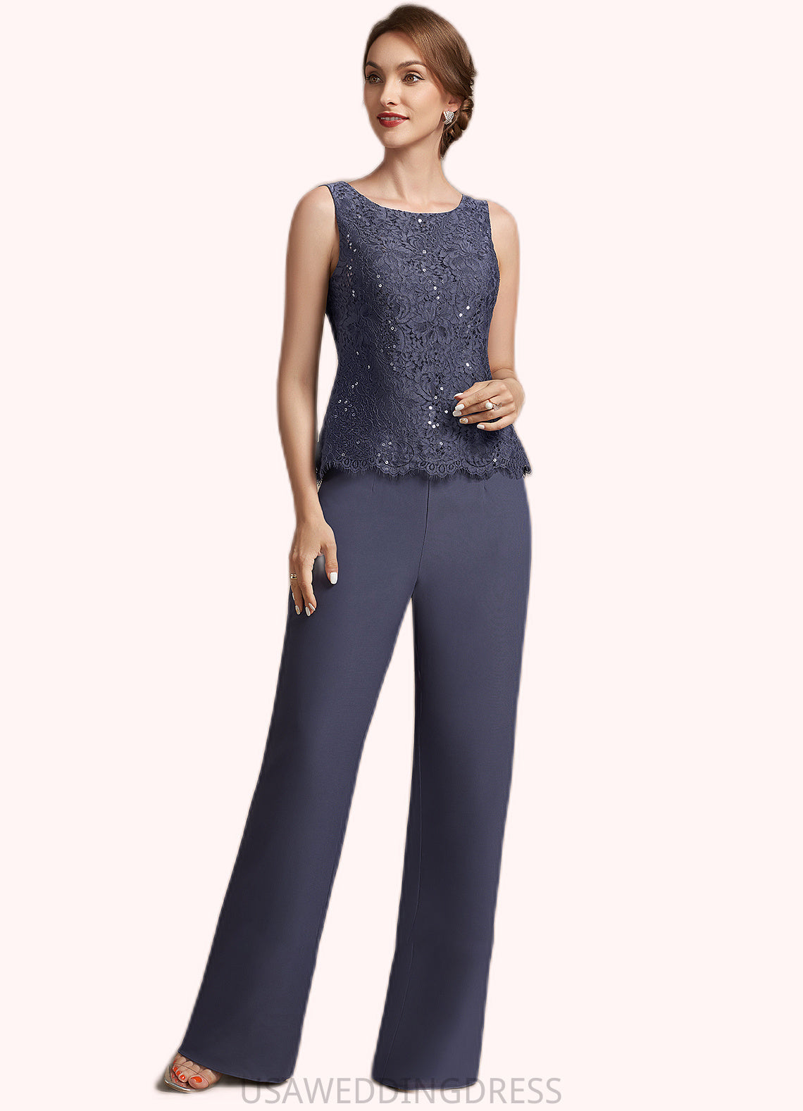 Leticia Jumpsuit/Pantsuit Scoop Neck Floor-Length Chiffon Lace Mother of the Bride Dress With Sequins DS126P0014805