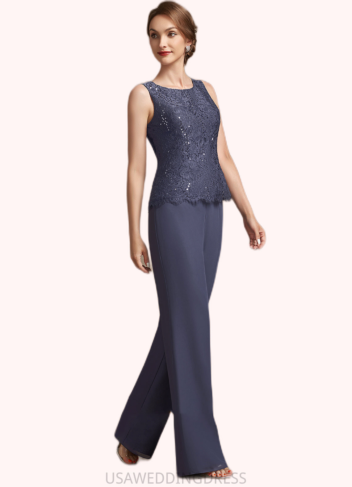 Leticia Jumpsuit/Pantsuit Scoop Neck Floor-Length Chiffon Lace Mother of the Bride Dress With Sequins DS126P0014805