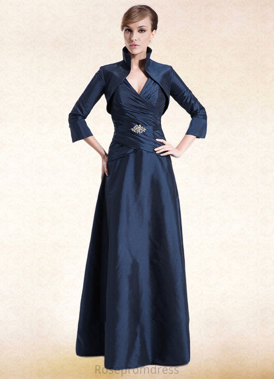 Jimena A-Line V-neck Floor-Length Taffeta Mother of the Bride Dress With Ruffle Beading SRS126P0014807