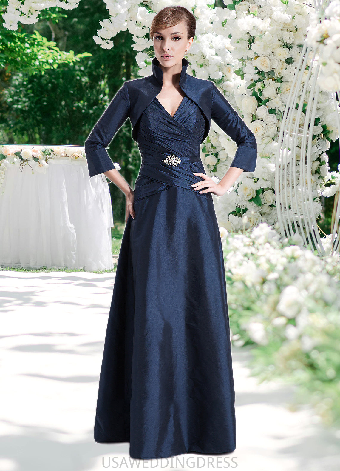 Yoselin A-Line V-neck Floor-Length Taffeta Mother of the Bride Dress With Ruffle Beading DS126P0014807