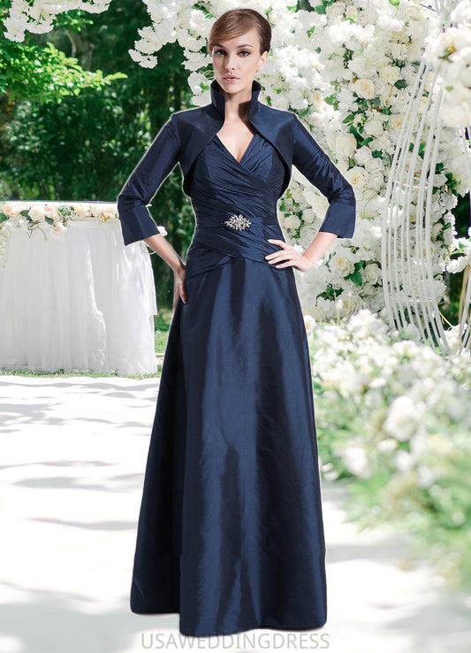 Yoselin A-Line V-neck Floor-Length Taffeta Mother of the Bride Dress With Ruffle Beading DS126P0014807