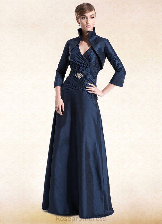 Jimena A-Line V-neck Floor-Length Taffeta Mother of the Bride Dress With Ruffle Beading SRS126P0014807
