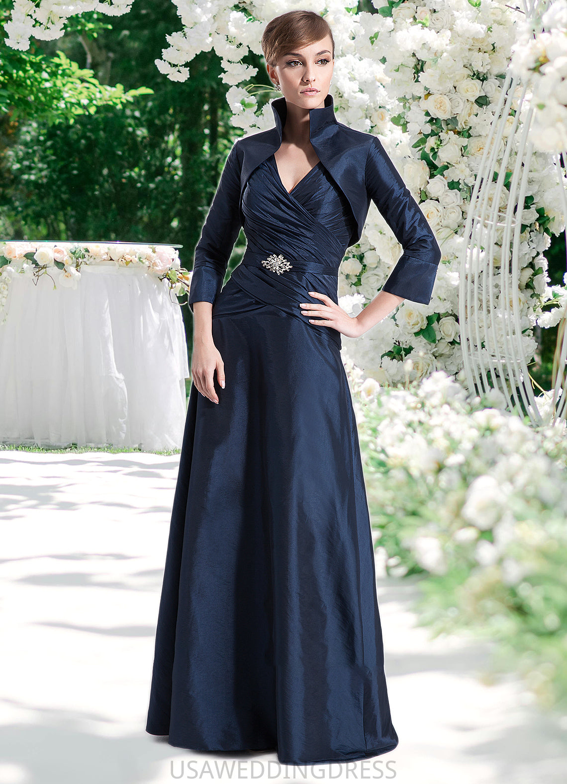 Yoselin A-Line V-neck Floor-Length Taffeta Mother of the Bride Dress With Ruffle Beading DS126P0014807