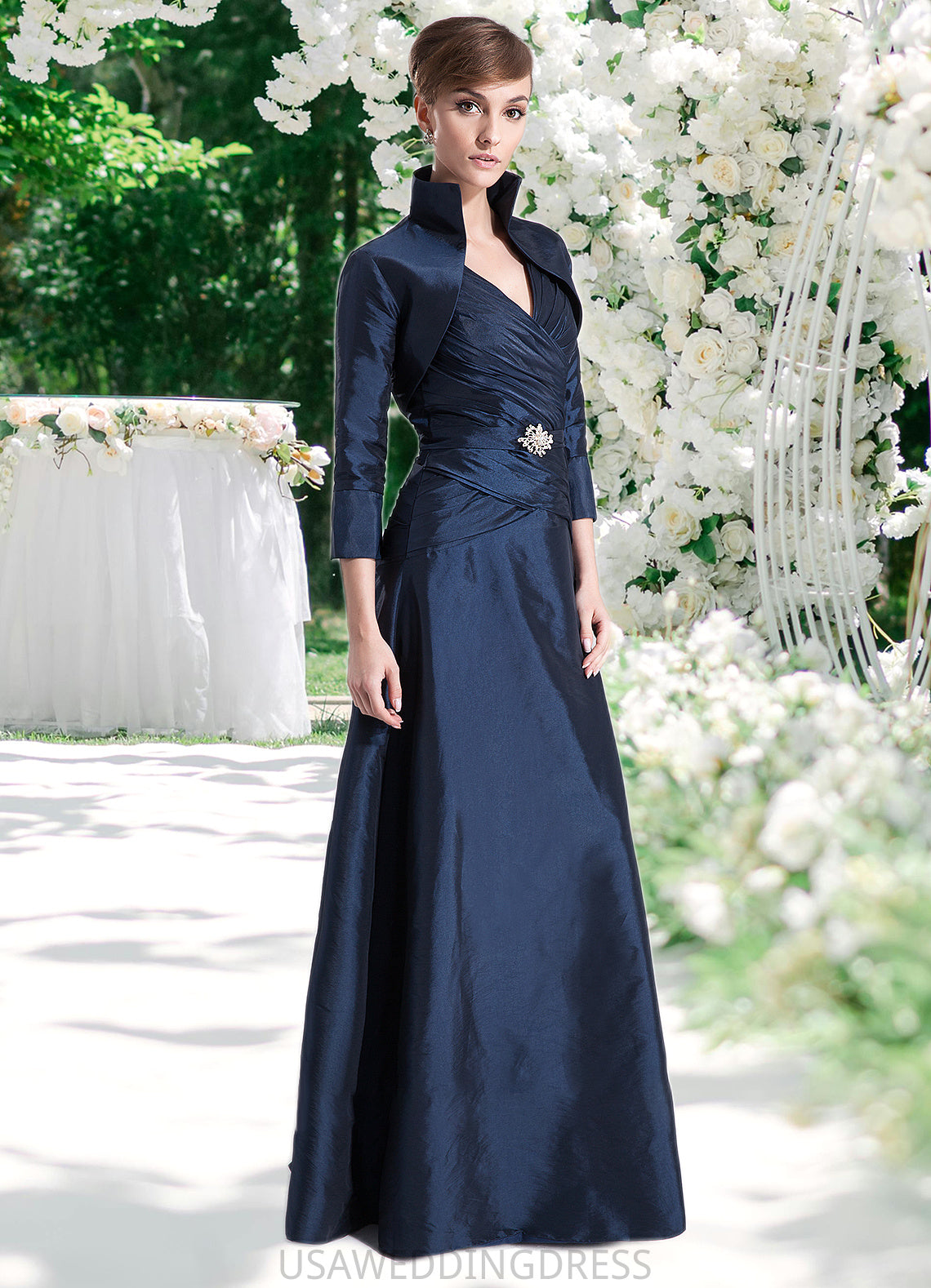 Yoselin A-Line V-neck Floor-Length Taffeta Mother of the Bride Dress With Ruffle Beading DS126P0014807