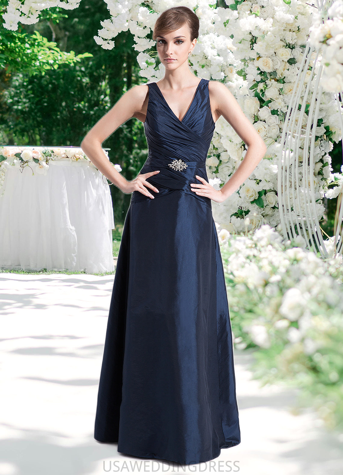 Yoselin A-Line V-neck Floor-Length Taffeta Mother of the Bride Dress With Ruffle Beading DS126P0014807