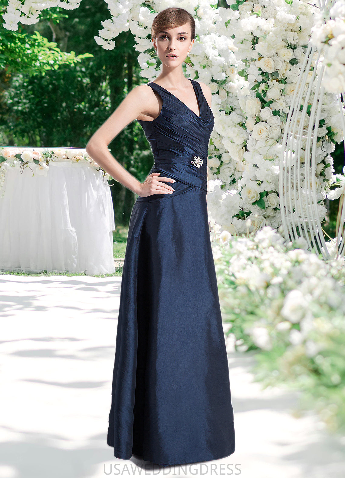 Yoselin A-Line V-neck Floor-Length Taffeta Mother of the Bride Dress With Ruffle Beading DS126P0014807