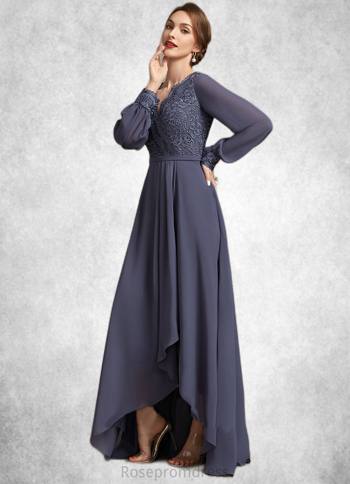 Yaretzi A-Line V-neck Asymmetrical Chiffon Lace Mother of the Bride Dress SRS126P0014809
