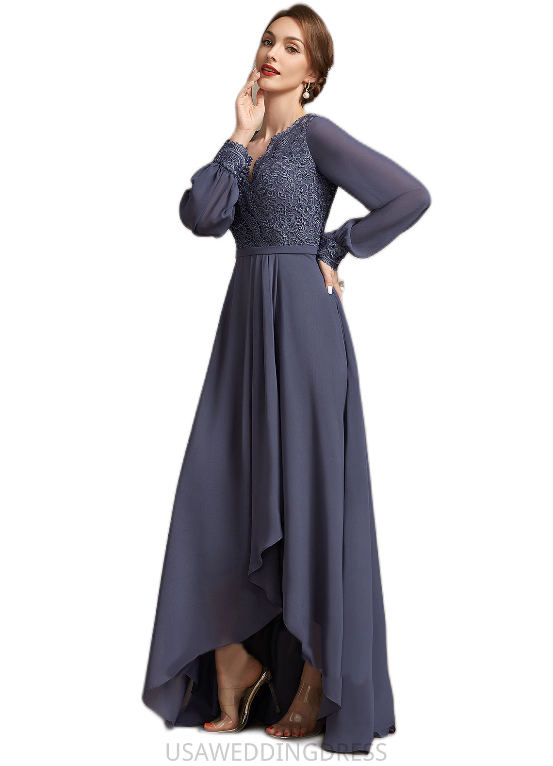 Bryanna A-Line V-neck Asymmetrical Chiffon Lace Mother of the Bride Dress DS126P0014809