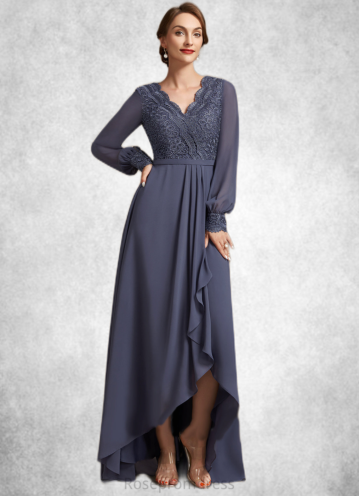 Yaretzi A-Line V-neck Asymmetrical Chiffon Lace Mother of the Bride Dress SRS126P0014809