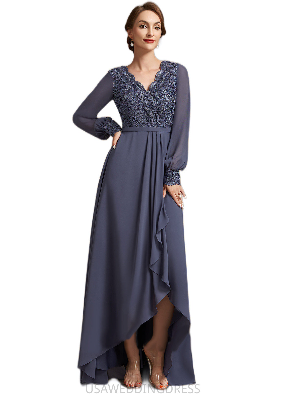 Bryanna A-Line V-neck Asymmetrical Chiffon Lace Mother of the Bride Dress DS126P0014809