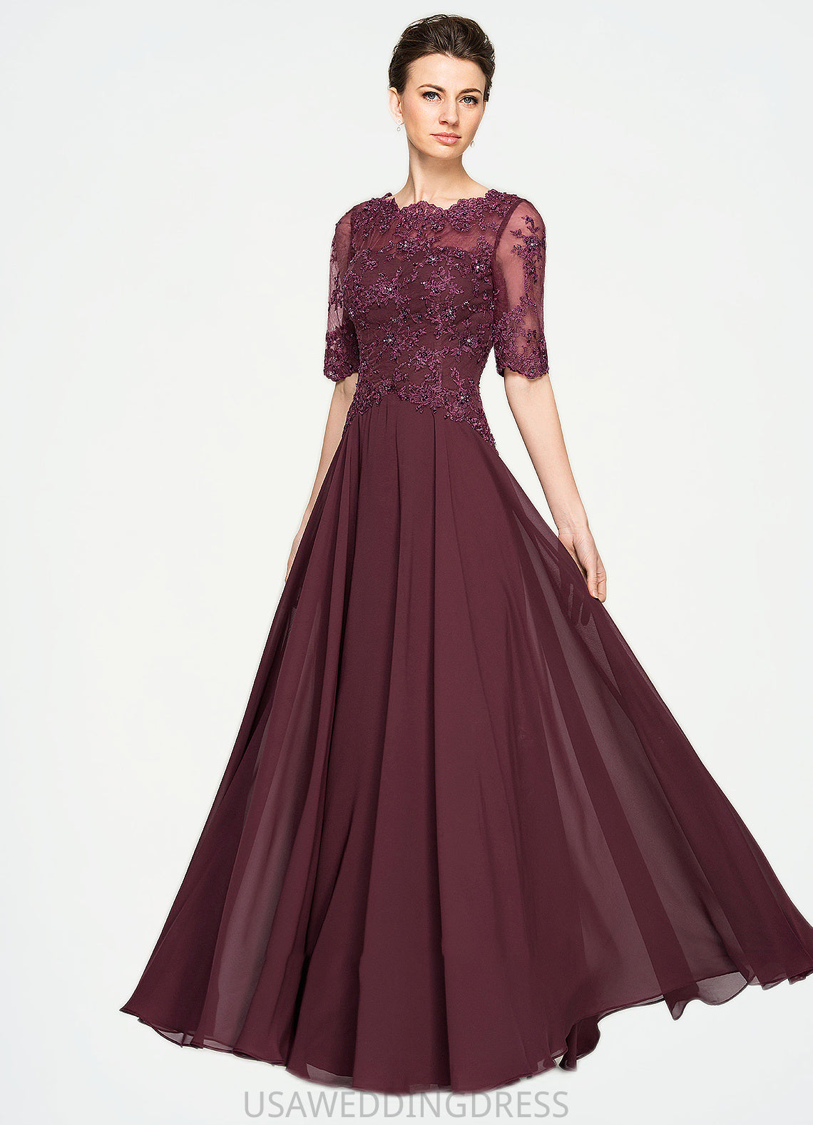 Rose A-Line Scoop Neck Floor-Length Chiffon Lace Mother of the Bride Dress With Beading Sequins DS126P0014810
