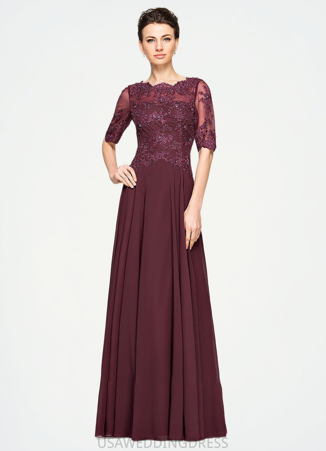 Rose A-Line Scoop Neck Floor-Length Chiffon Lace Mother of the Bride Dress With Beading Sequins DS126P0014810