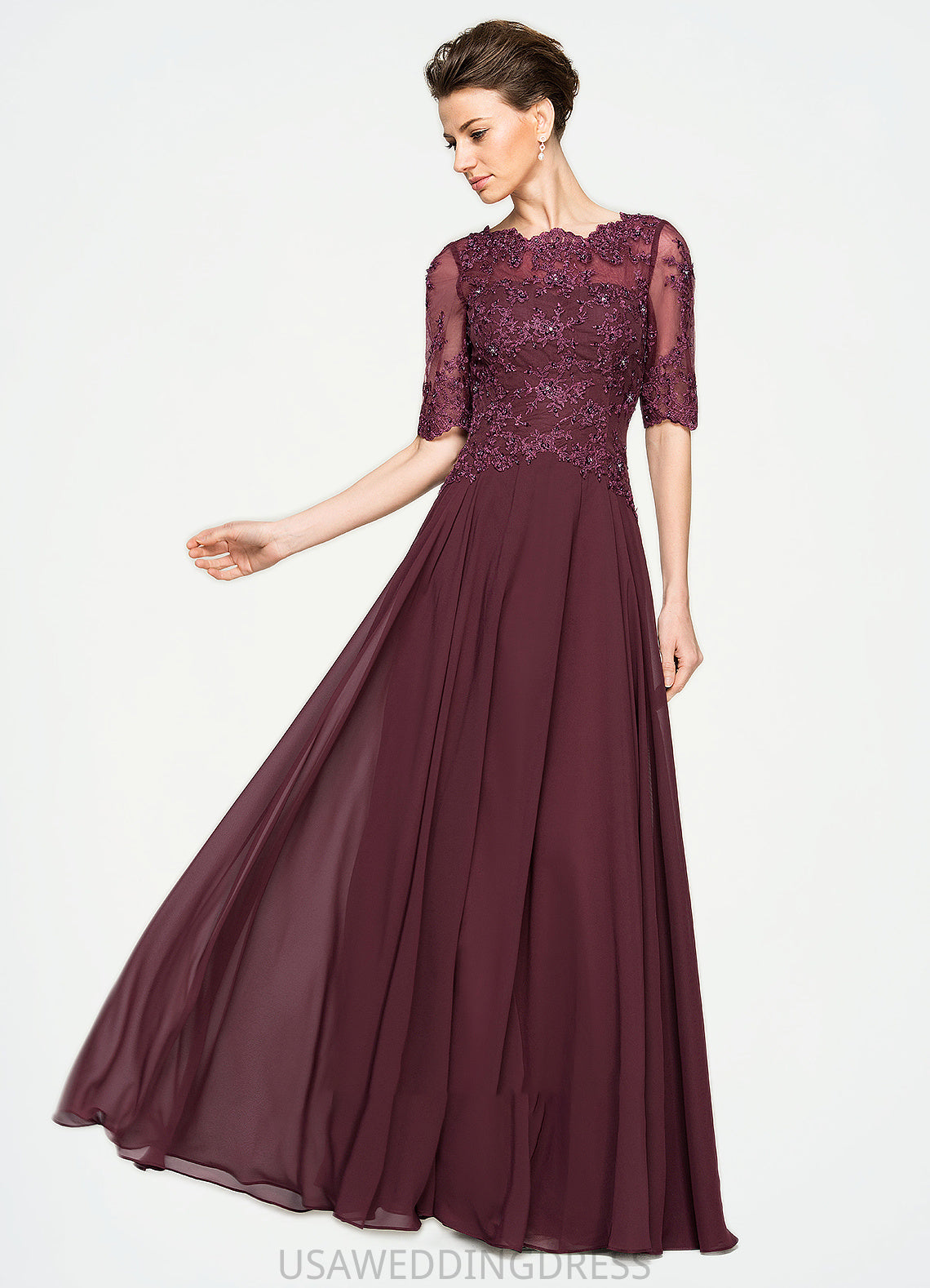 Rose A-Line Scoop Neck Floor-Length Chiffon Lace Mother of the Bride Dress With Beading Sequins DS126P0014810