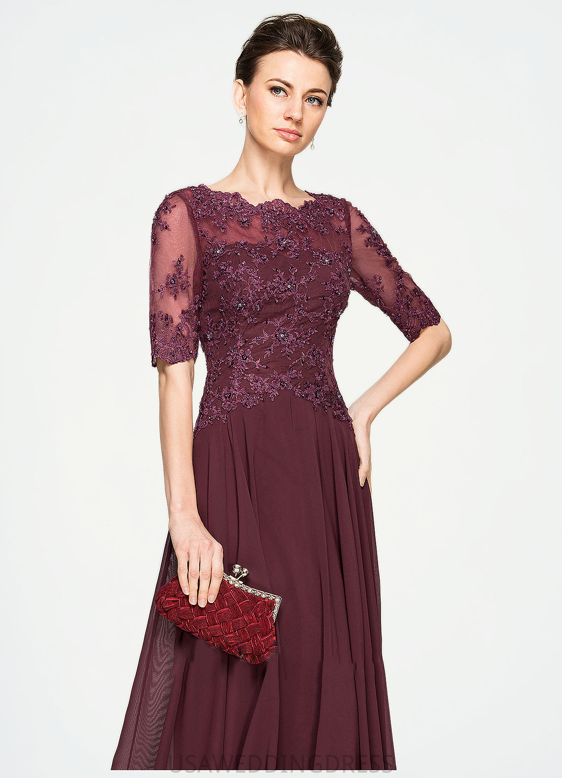 Rose A-Line Scoop Neck Floor-Length Chiffon Lace Mother of the Bride Dress With Beading Sequins DS126P0014810