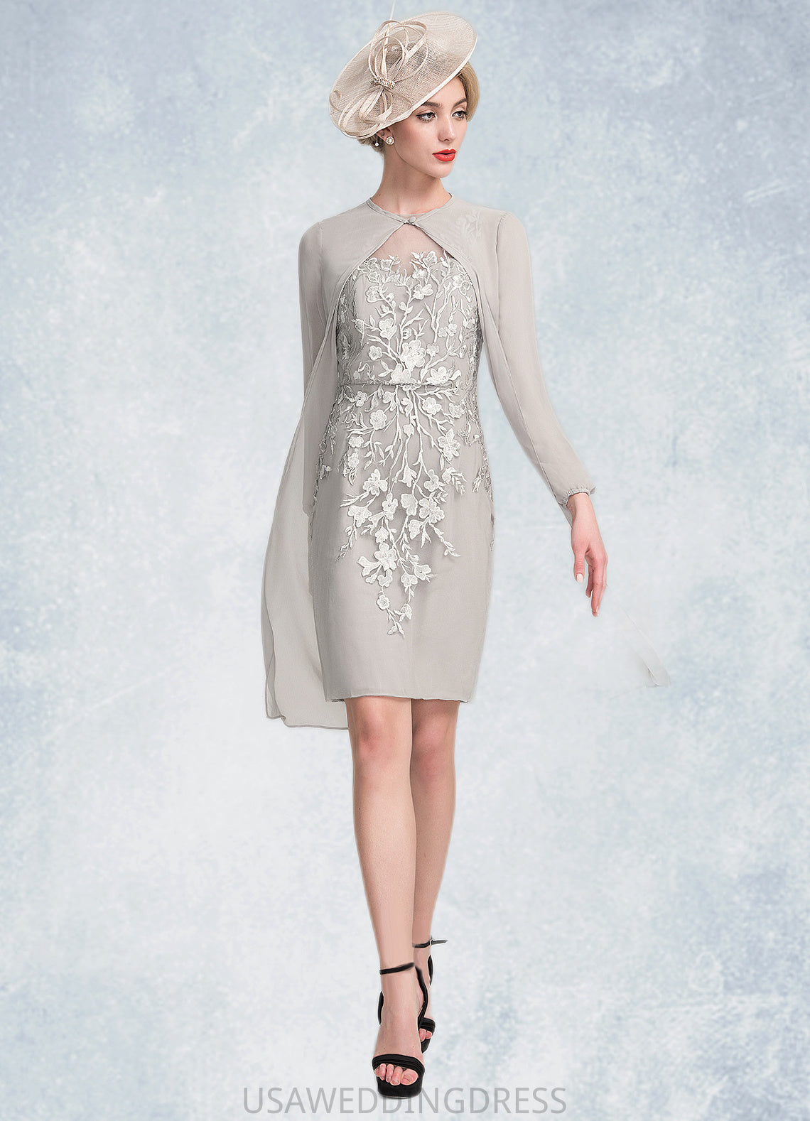 India Sheath/Column Scoop Neck Knee-Length Chiffon Lace Mother of the Bride Dress With Beading Sequins DS126P0014811