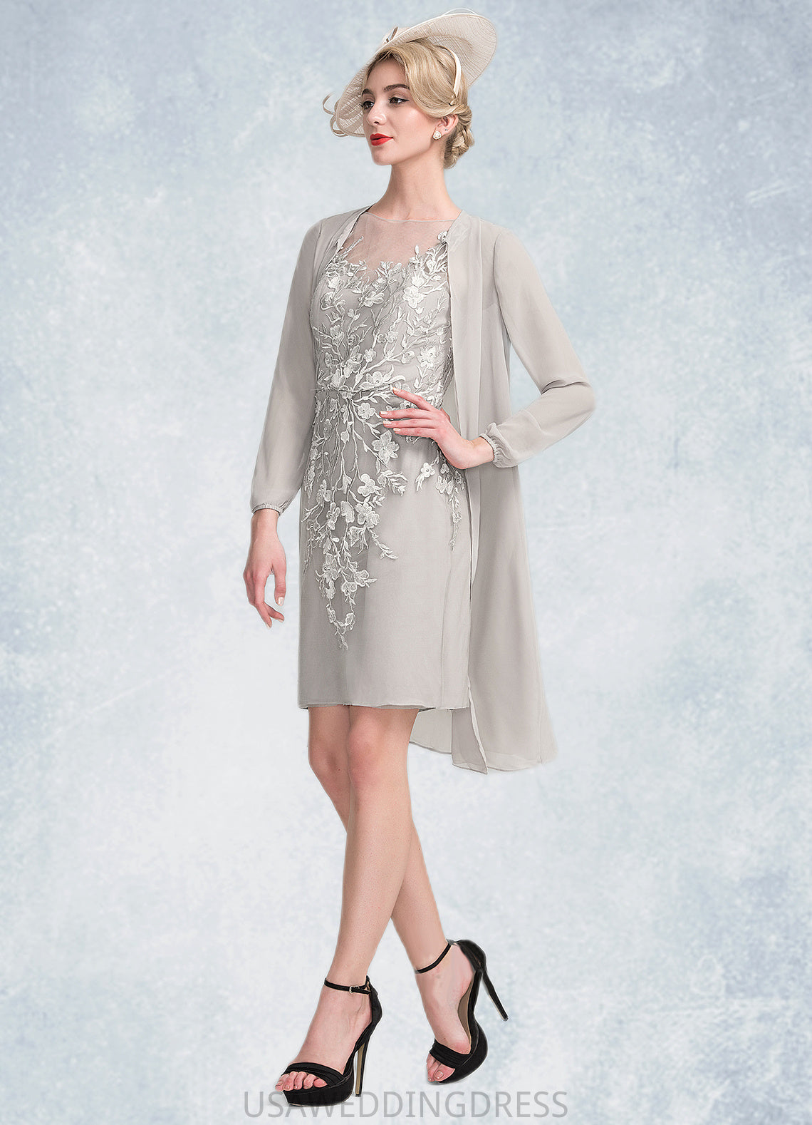 India Sheath/Column Scoop Neck Knee-Length Chiffon Lace Mother of the Bride Dress With Beading Sequins DS126P0014811