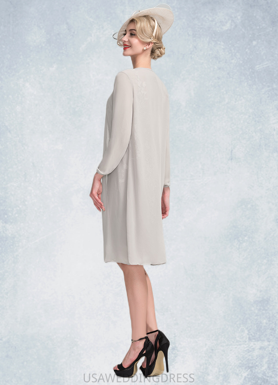 India Sheath/Column Scoop Neck Knee-Length Chiffon Lace Mother of the Bride Dress With Beading Sequins DS126P0014811