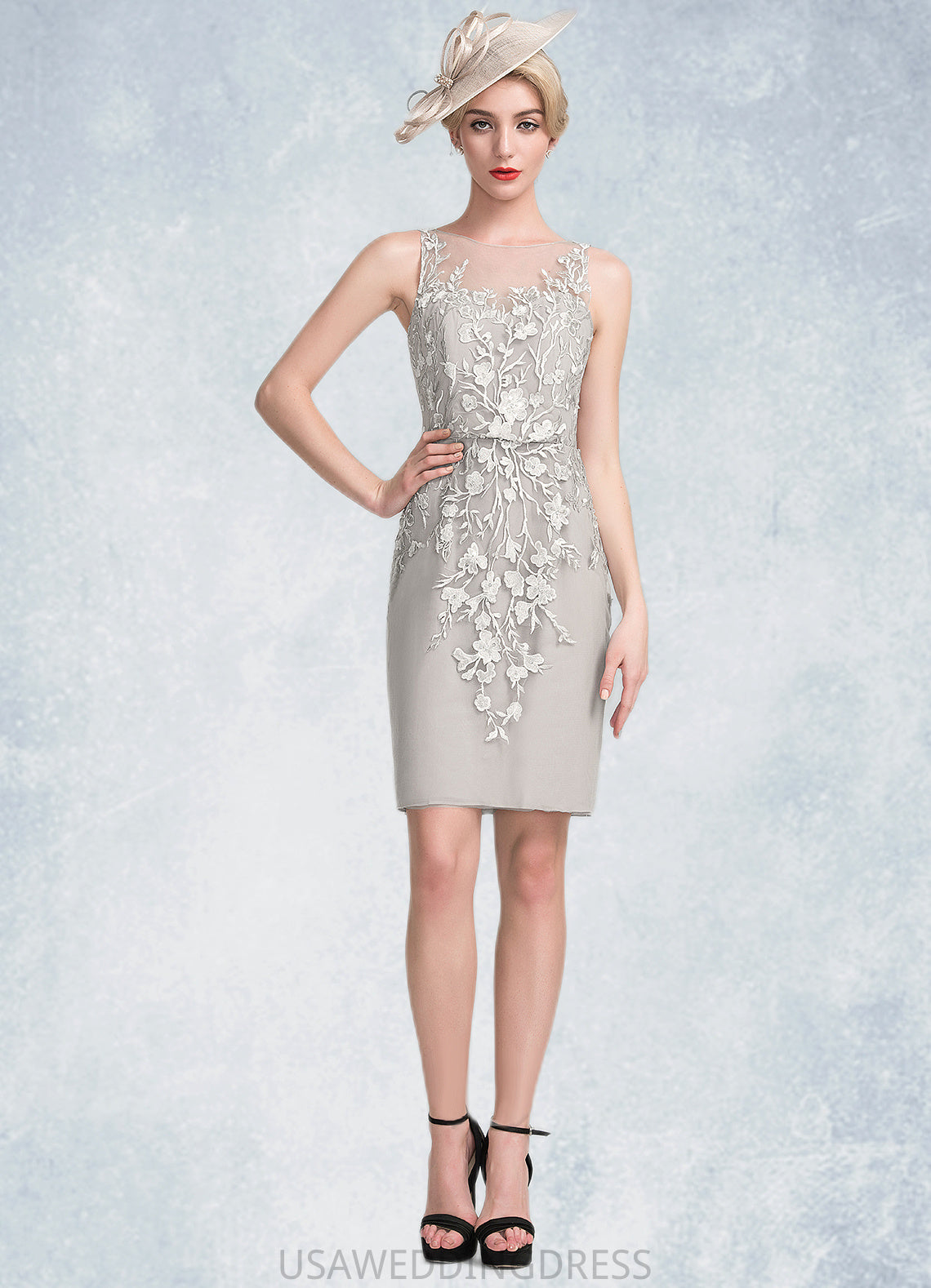 India Sheath/Column Scoop Neck Knee-Length Chiffon Lace Mother of the Bride Dress With Beading Sequins DS126P0014811