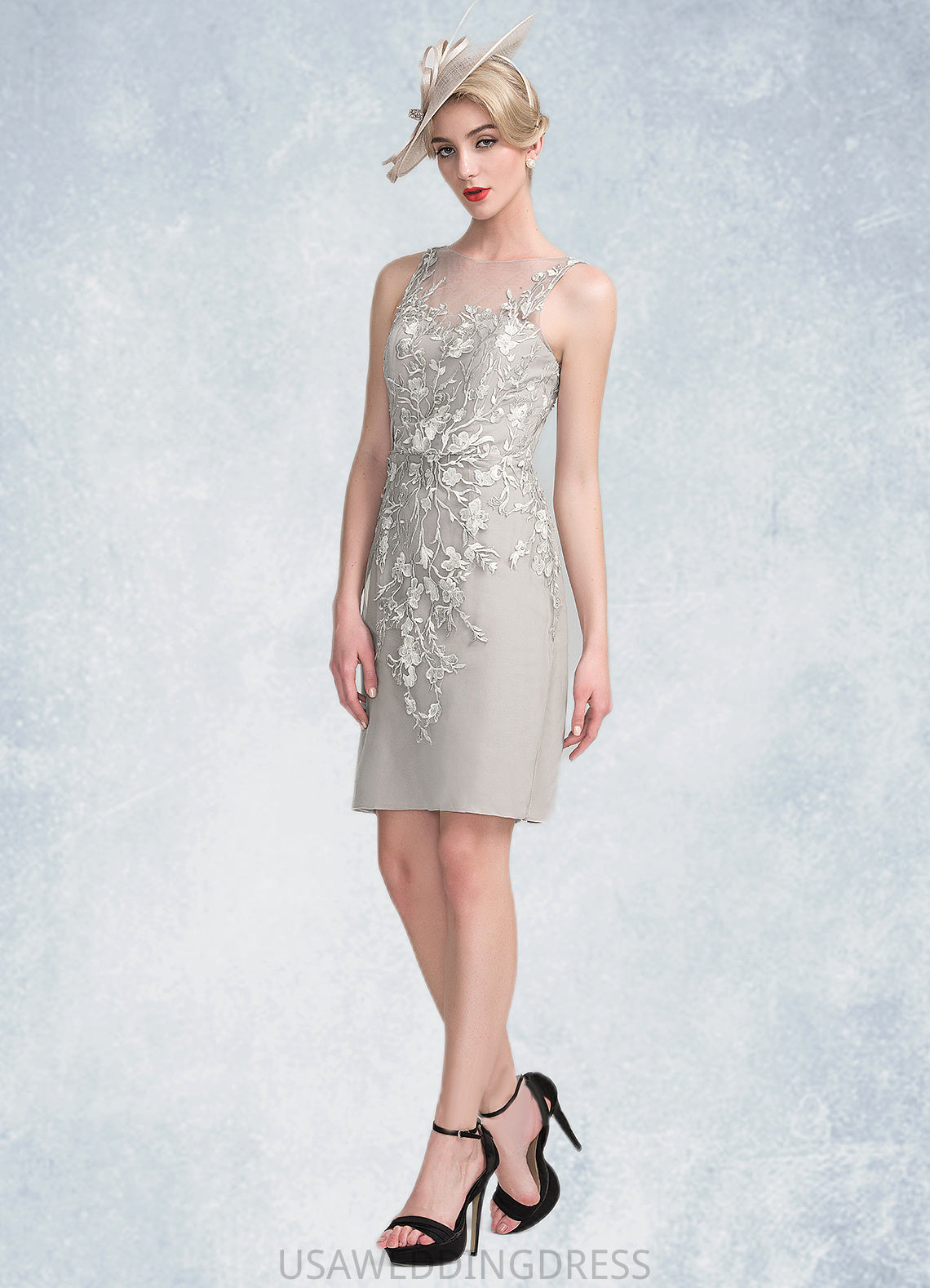 India Sheath/Column Scoop Neck Knee-Length Chiffon Lace Mother of the Bride Dress With Beading Sequins DS126P0014811