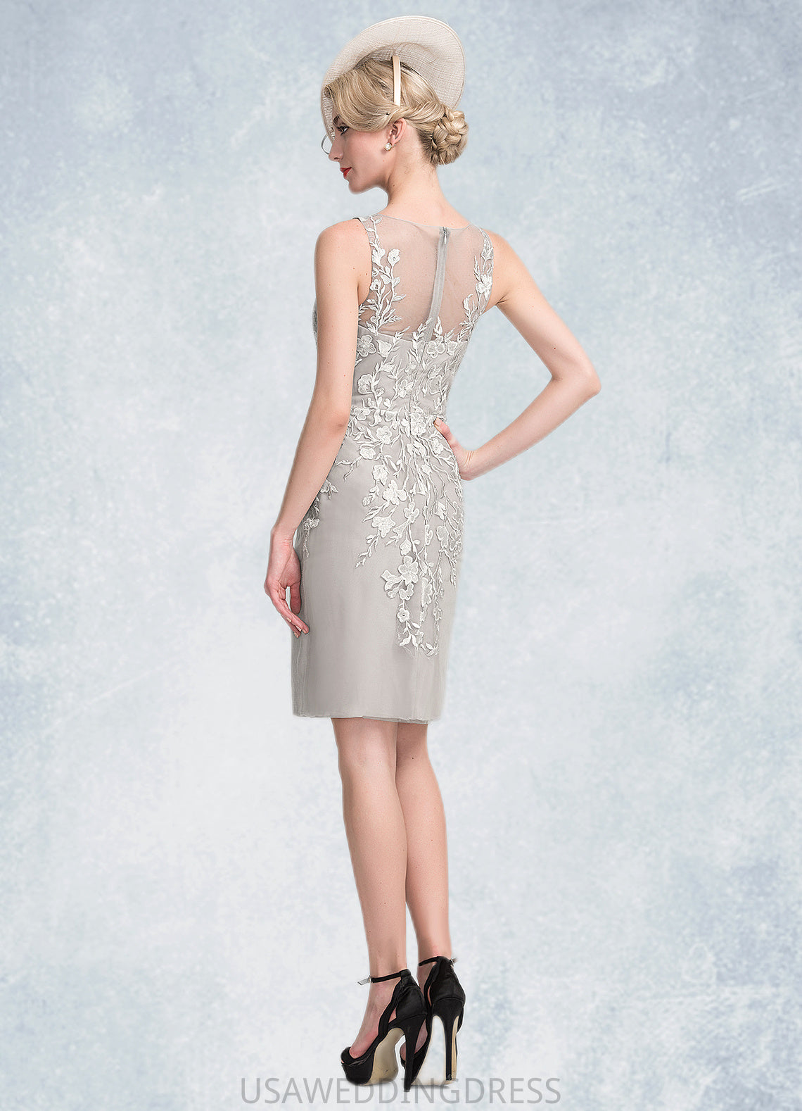 India Sheath/Column Scoop Neck Knee-Length Chiffon Lace Mother of the Bride Dress With Beading Sequins DS126P0014811