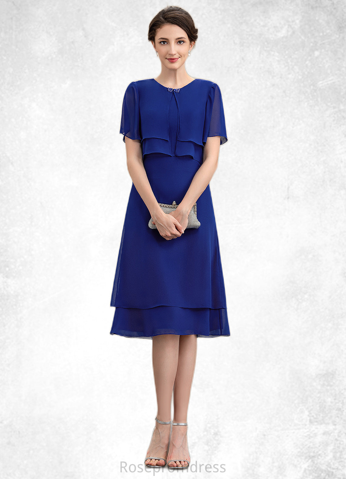 Jan A-Line Scoop Neck Knee-Length Chiffon Mother of the Bride Dress With Cascading Ruffles SRS126P0014813