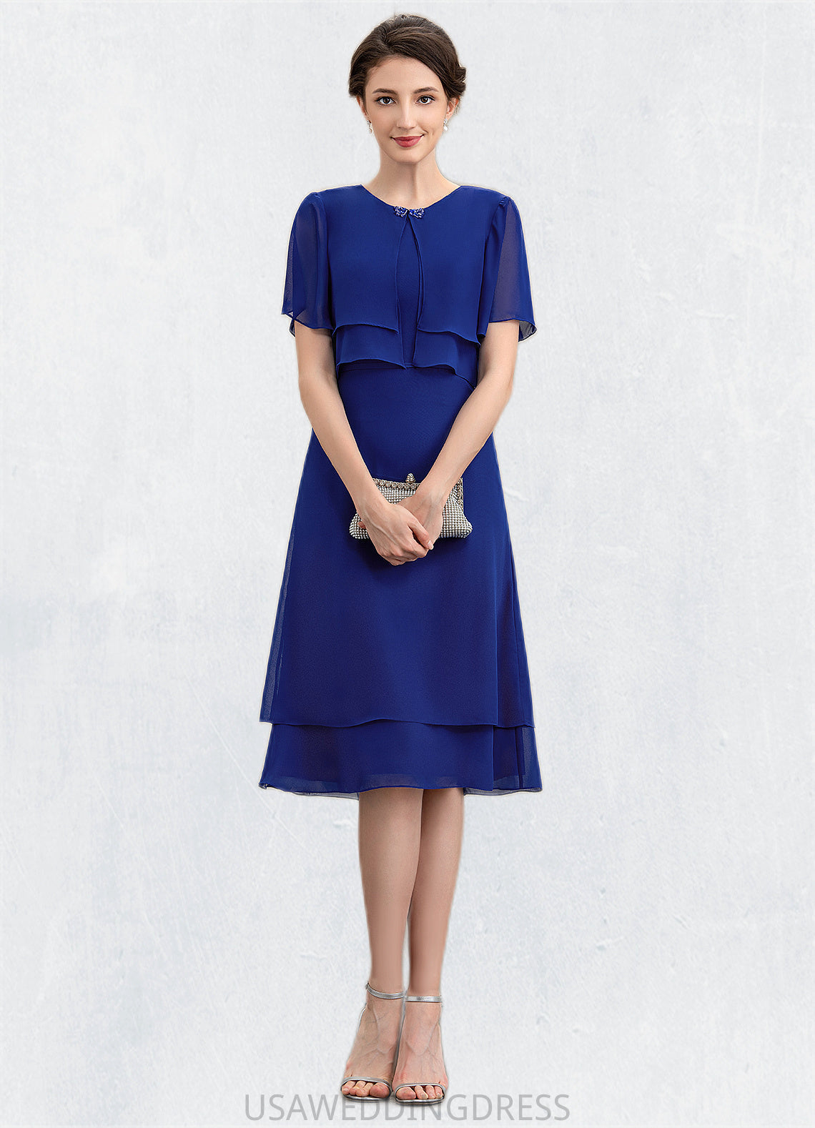 Nevaeh A-Line Scoop Neck Knee-Length Chiffon Mother of the Bride Dress With Cascading Ruffles DS126P0014813