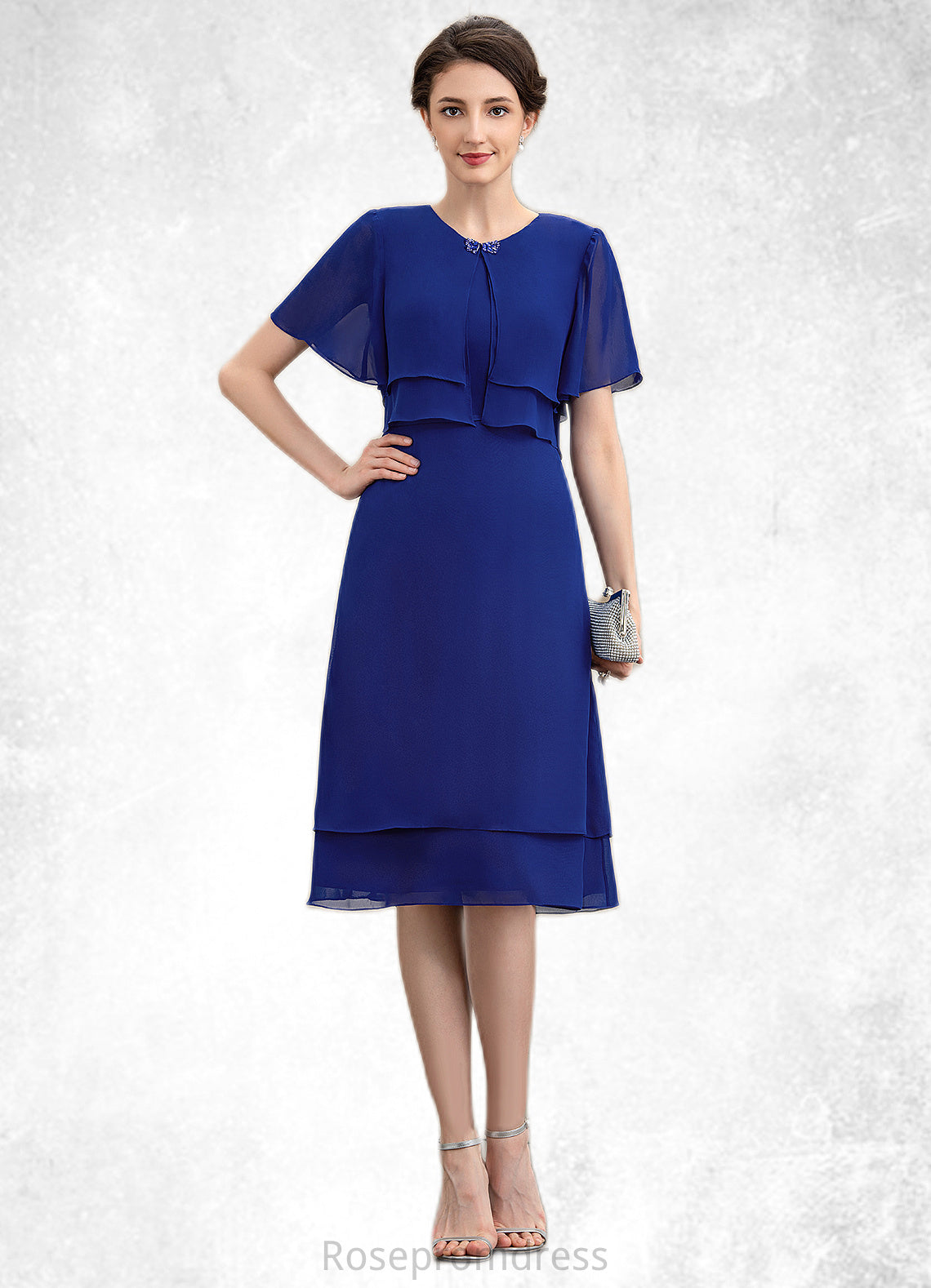 Jan A-Line Scoop Neck Knee-Length Chiffon Mother of the Bride Dress With Cascading Ruffles SRS126P0014813